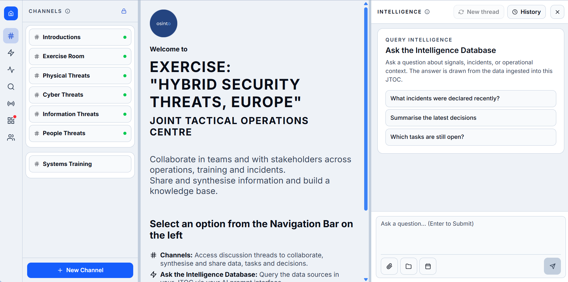 The exercise JTOC: the Exercise Room and threat channels on the left, and the Intelligence Database on the right